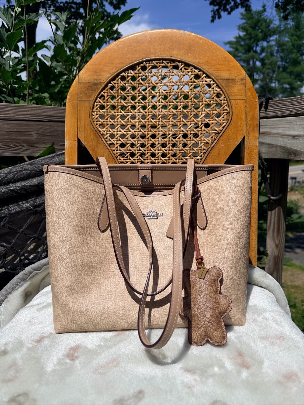 Coach Beige Signature City Tote with Bear Charm